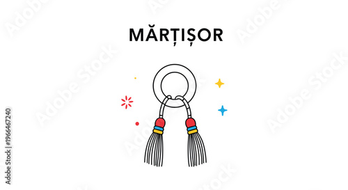 Martisor romanian tradition symbol with two hanging tassels on a ring with the word martisor and colorful decorations.