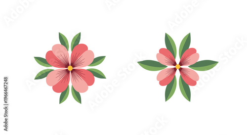 Two identical stylized pink flowers with yellow centers and green leaves are arranged symmetrically on a white background.