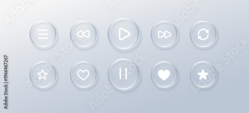 Glass play liquid with button glassmorphism bubble for player effect music. Icon ui tech with glass text star for label hud morphism. Glossy card glass with transparent button sound.
