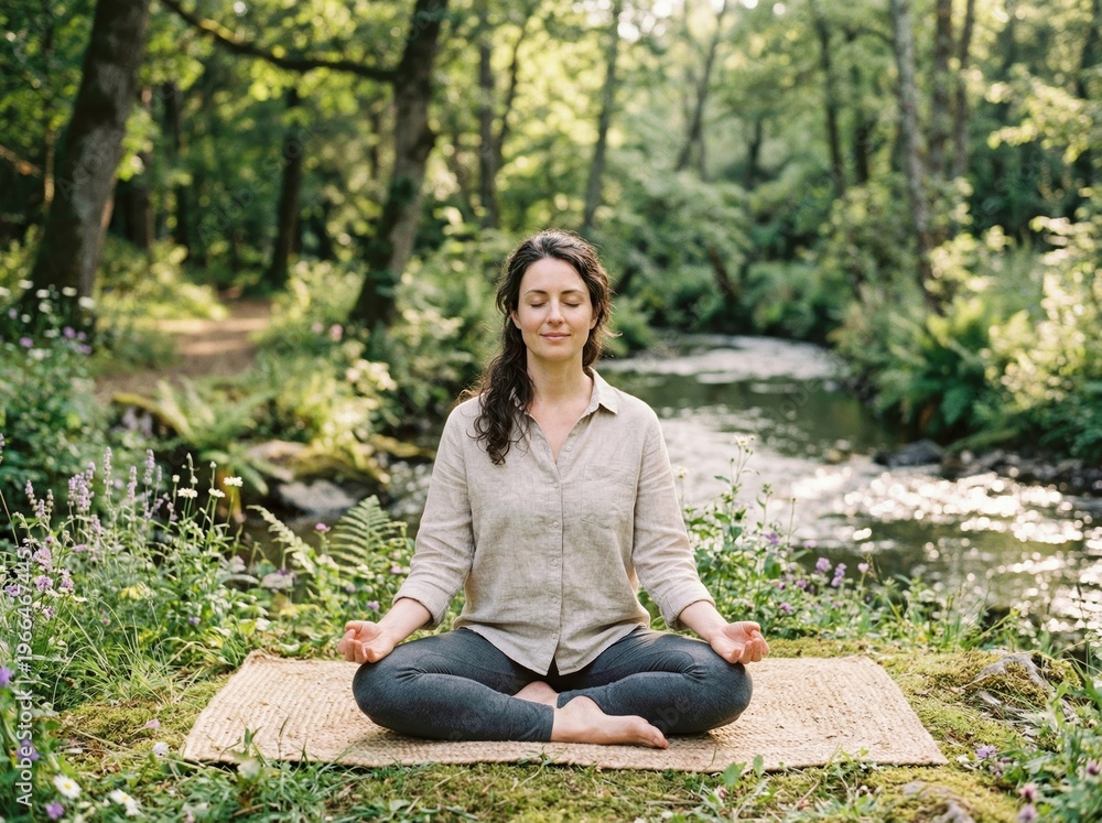 Obraz premium Serene woman meditating by a stream in a lush green forest