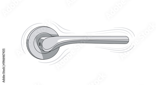 Modern silver metal door handle with a circular base and a sleek horizontal grip shown with motion lines.