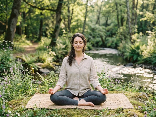 Serene woman meditating by a stream in a lush green forest