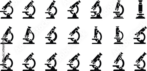 Microscope icon set for science, research, and discovery, magnifying glass, analysis tool, research equipment