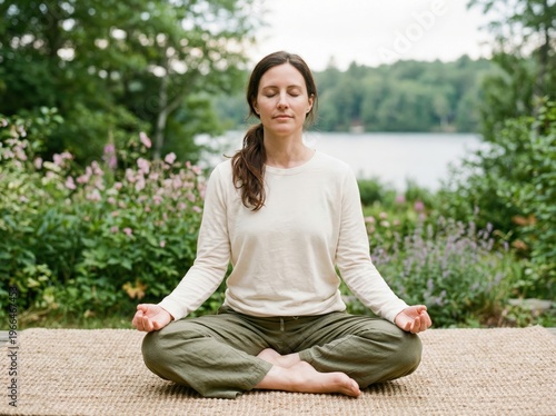 Woman Meditating Outdoors by a Lake in a Peaceful Garden