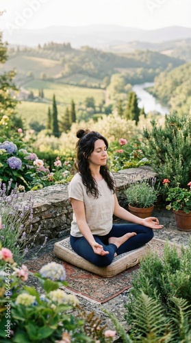 Woman Meditating in Blooming Garden with Scenic Countryside View. Mindfulness, wellness, relaxation concept.