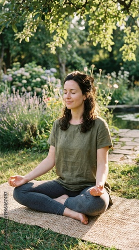 Woman sitting in lotus pose meditating on mat in garden with flowers and greenery. Yoga and mindfulness concept.