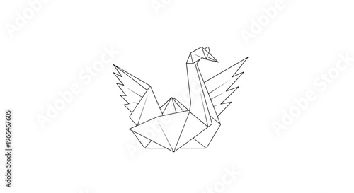 Elegant origami swan with its wings spread is depicted in a minimalist black and white line art style representing Japanese paper folding.