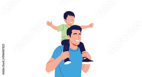 Happy father in a blue t-shirt carries his young son on his shoulders while both smile brightly against a plain white background.