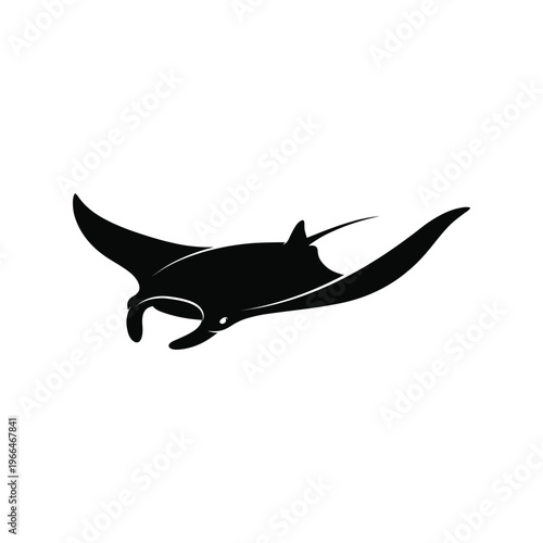 Black silhouette of a manta ray swimming white background