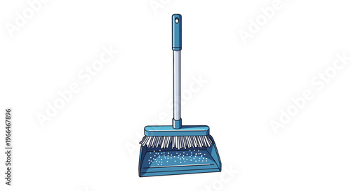 Blue broom and matching dustpan set is shown together capturing white dust particles to illustrate household cleaning and chores.