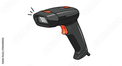 Modern black handheld barcode scanner device with an orange trigger is shown emitting light as if scanning an item in a store.