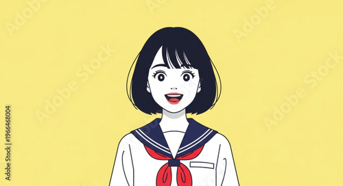Anime School Girl with Short Black Hair and Uniform.