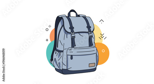 Stylish grey and blue backpack with straps and pockets is displayed against a decorative background of colorful circles and icons.