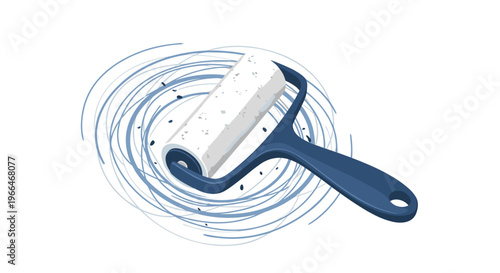 Blue paint roller tool with a white sponge is surrounded by circular blue paint strokes symbolizing renovation and home improvement.