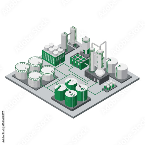 Isometric illustration of a modern industrial complex featuring storage tanks, distillation columns, and processing units, representing a chemical or petrochemical plant.