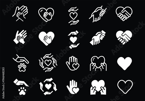 Charity hands icon set. Donation and aid symbol. Friendship logo. Vector illustration.