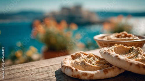 Mediterranean Hummus Feast with Coastal Castle View.