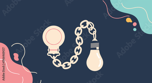 Single light pink handcuff is connected by a chain to a glowing lightbulb against a dark blue background with abstract shapes.