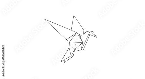 Delicate origami bird resembles a crane or hummingbird in flight rendered in a clean black and white line art vector style.