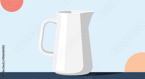 Clean white ceramic pitcher with a handle is displayed against a light blue background with soft orange and pink circular accents.