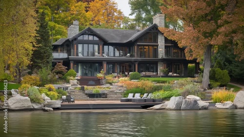 Luxury house by lake with autumn forest peaceful nature landscape cozy home exterior water view