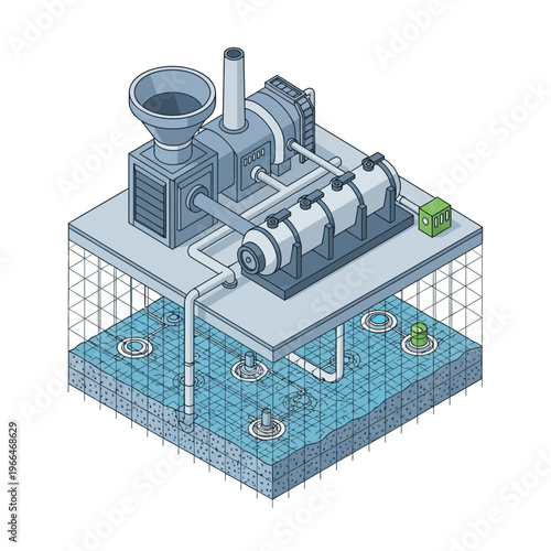 Isometric illustration of an industrial water treatment plant with filtration systems and machinery.