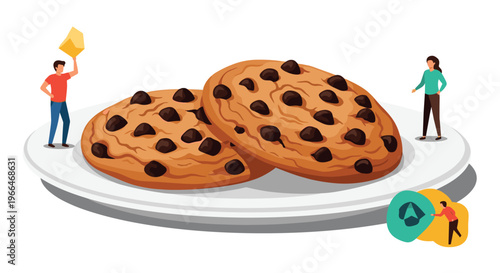 Two massive chocolate chip cookies sit on a white plate while tiny people interact with them in a whimsical food concept.