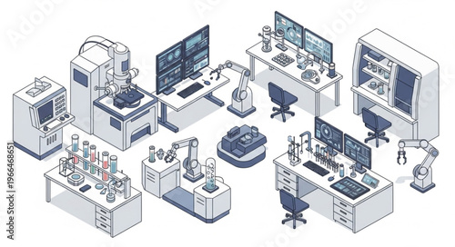 Isometric view of a modern research laboratory with advanced equipment.