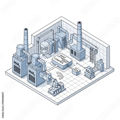 Isometric illustration of a compact, automated industrial facility for hydrogen production and carbon capture, featuring advanced control systems and modern equipment.
