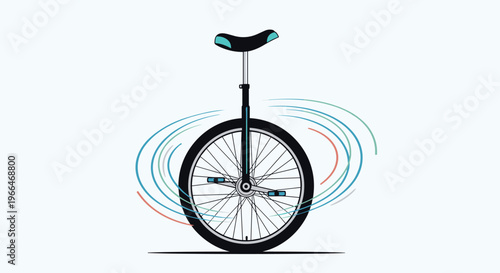 Black and blue unicycle is centered on a light blue background with circular motion lines suggesting speed and balance.