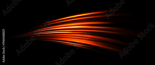 Red light trail element. Glowing neon speed line wave. Hot fire color luminous curved path concept. Abstract bent dynamic motion stripes. Bright fiery streaks for poster, banner, flyer. Vector
