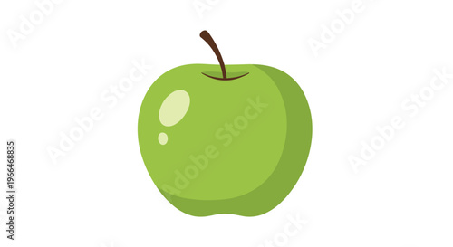 Fresh green apple with a small brown stem is illustrated with soft highlights and a realistic shape on a white background.