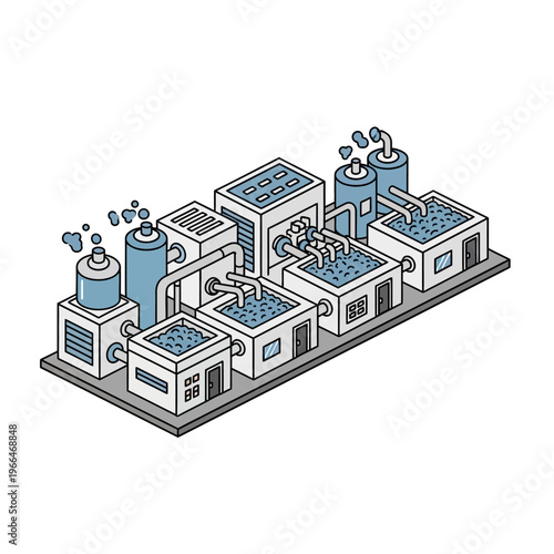 Isometric illustration of a modern industrial water treatment plant with multiple processing units and tanks.