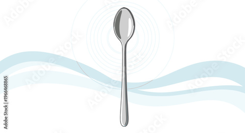 Shiny silver spoon placed vertically against a minimalist background featuring soft blue waves and circular ripple patterns.
