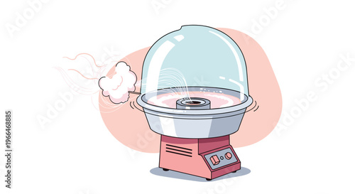 Pink professional cotton candy maker machine produces a cloud of sugar floss under its clear protective dome.