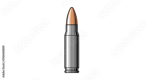 Single rifle cartridge with a copper bullet and silver casing standing upright on a plain white background for ammunition display.