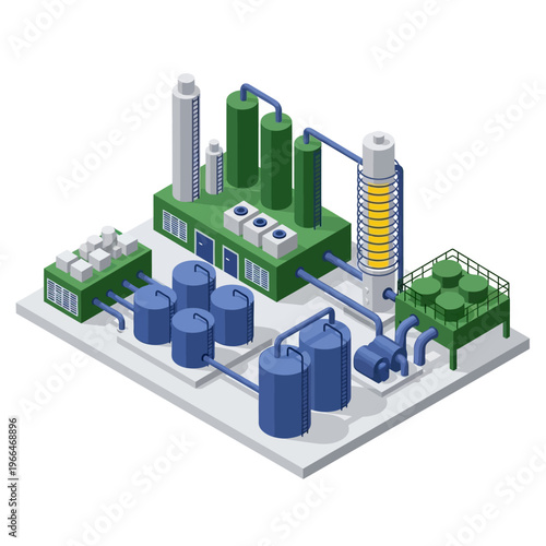 Isometric illustration of a modern industrial chemical processing plant with tanks, pipes, and cooling towers.