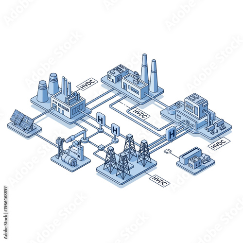Isometric illustration of a complex industrial energy grid connecting various power generation sources and distribution points with HVDC lines.