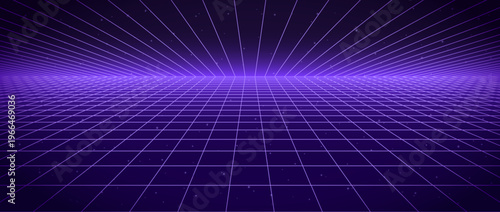 Purple glow neon wireframe background. Dark shining checkered grid floor plane in perspective. Bright retro futuristic horizon wallpaper. Arcade game sci fi matrix landscape surface. Vector backdrop