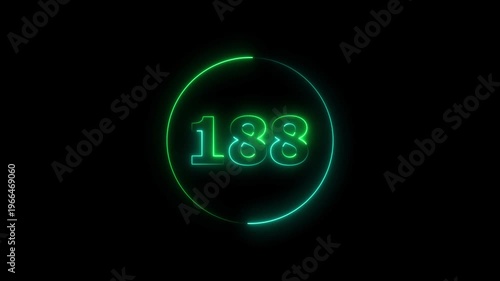 A circle animation, and glowing neon number 188 animation. on a black background. 4k video
