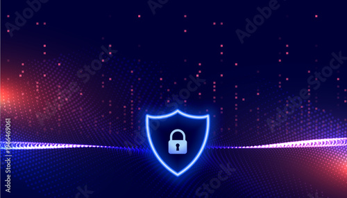 glowing high tech cyber security digital padlock technology background