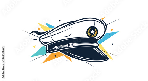 Nautical captain hat with a gold star emblem and laurel wreath decoration displayed against a dynamic geometric background.