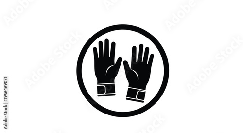 Black and white circular icon featuring a pair of protective work gloves designed for safety and manual labor tasks.