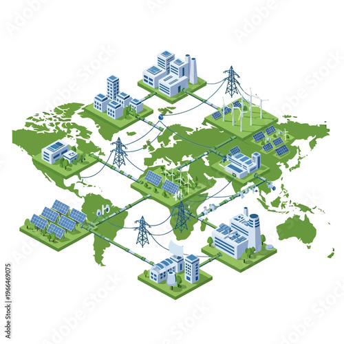 Global interconnected smart grid network illustrating renewable energy sources powering urban and industrial centers worldwide.