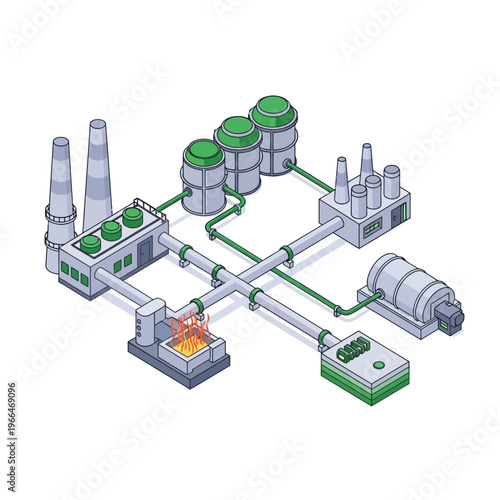 Isometric illustration of a complex industrial plant with interconnected systems, including a furnace, storage tanks, and power generation equipment.