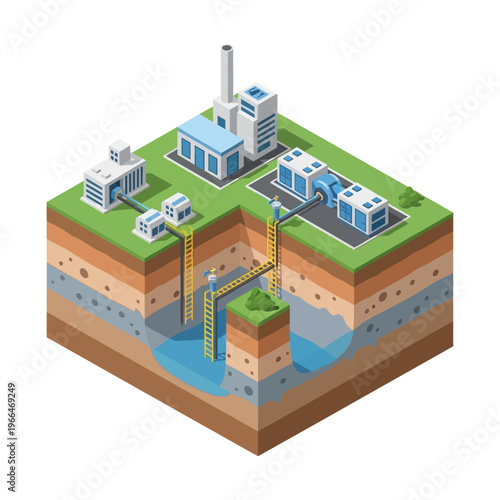 Isometric illustration of a geothermal power plant extracting heat from the Earth's subsurface for energy generation.