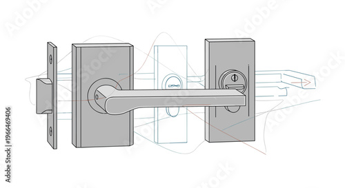 Detailed technical drawing and line art of a modern silver lever door handle mechanism shown with assembly components.