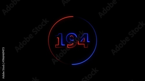 A circle animation, and glowing neon number 194 animation. on a black background. 4k video