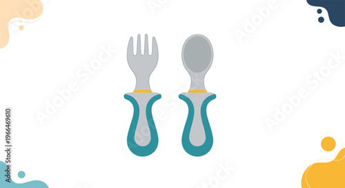 Child-friendly set of a small silver fork and spoon with chunky blue handles designed for toddlers learning to eat.