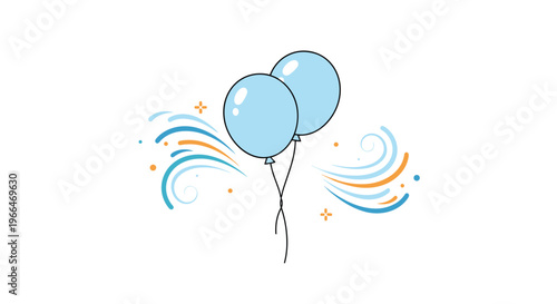 Pair of light blue balloons tied together with decorative blue and orange swirl patterns and small stars for celebration.